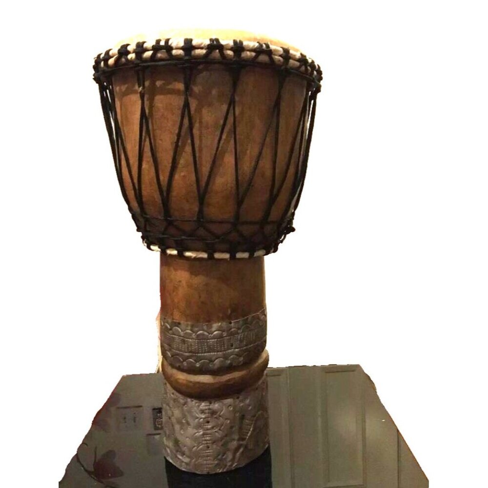 Rare African HAND CARVED Hand Crafted Djembe Drum 10"drum Ring-22"tall